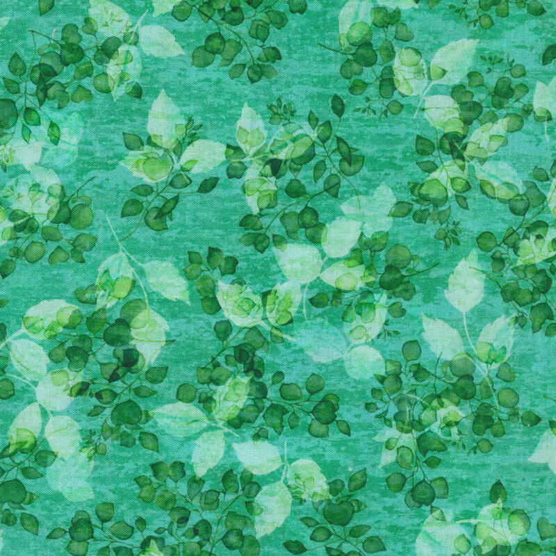 aqua green fabric with delicate leafy print
