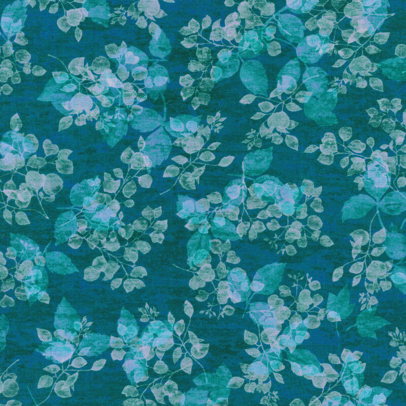 dark blue fabric with light blue leaf print
