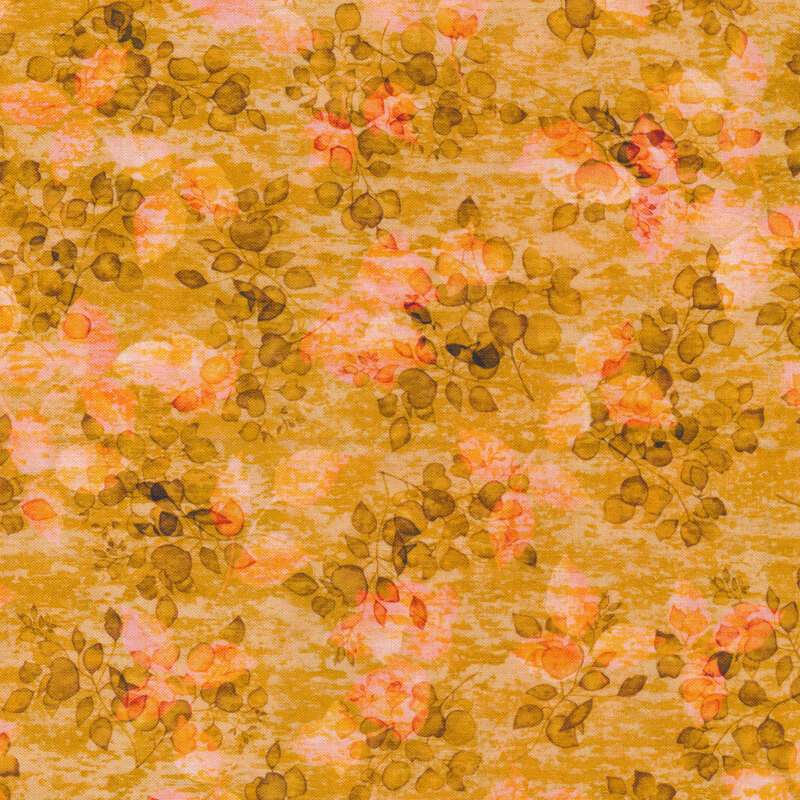 golden yellow with orange accents with a delicate leafy print