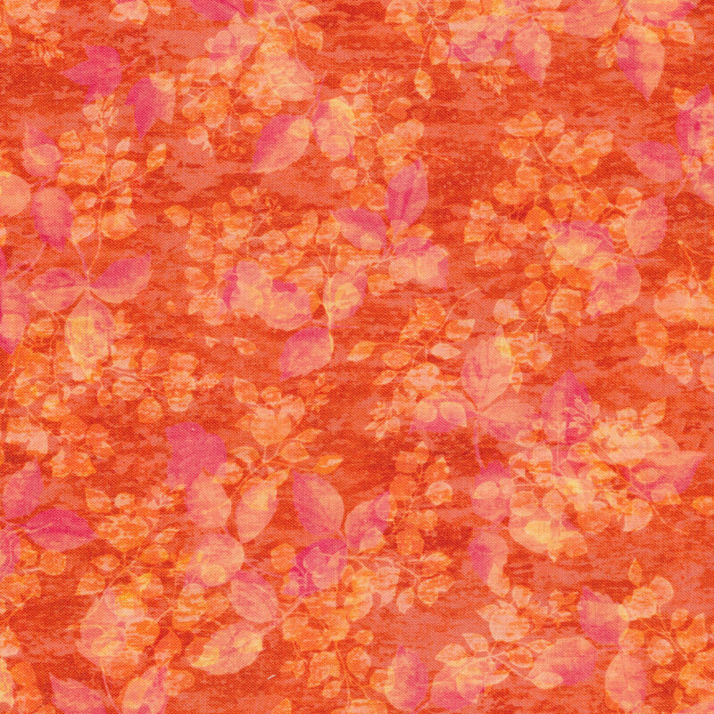 pink and orange mottled fabric with a delicate leafy print