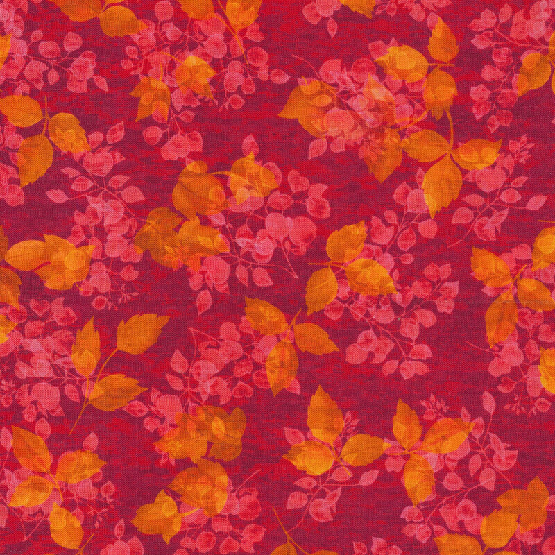 pink-red with orange accents and leafy print
