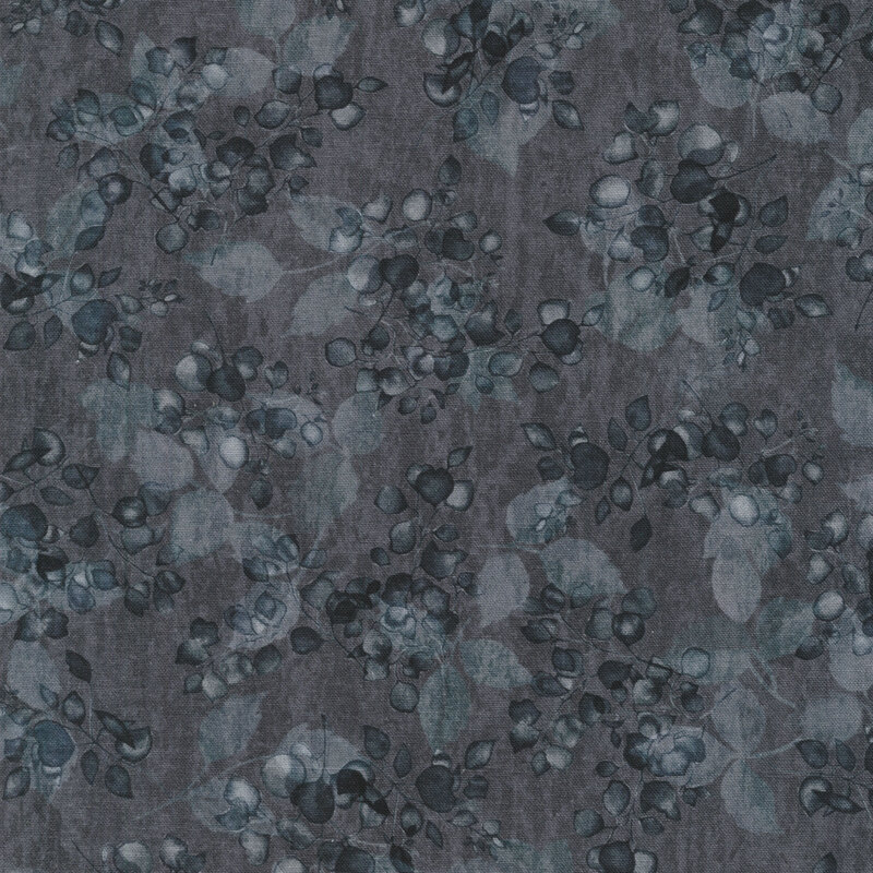 dark gray-blue with delicate leafy prints 