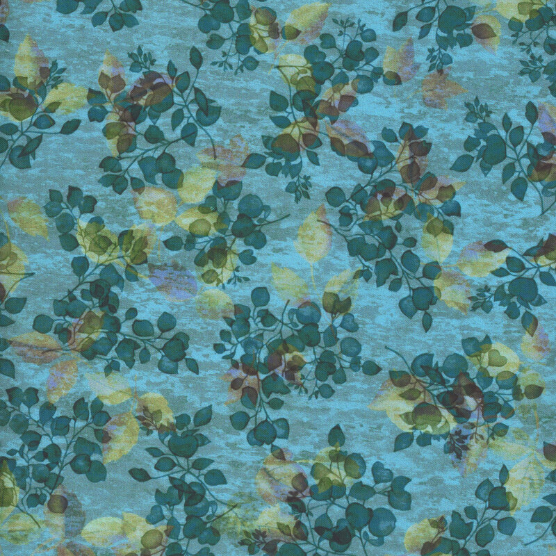 aqua fabric with dark green leaves and mottled green