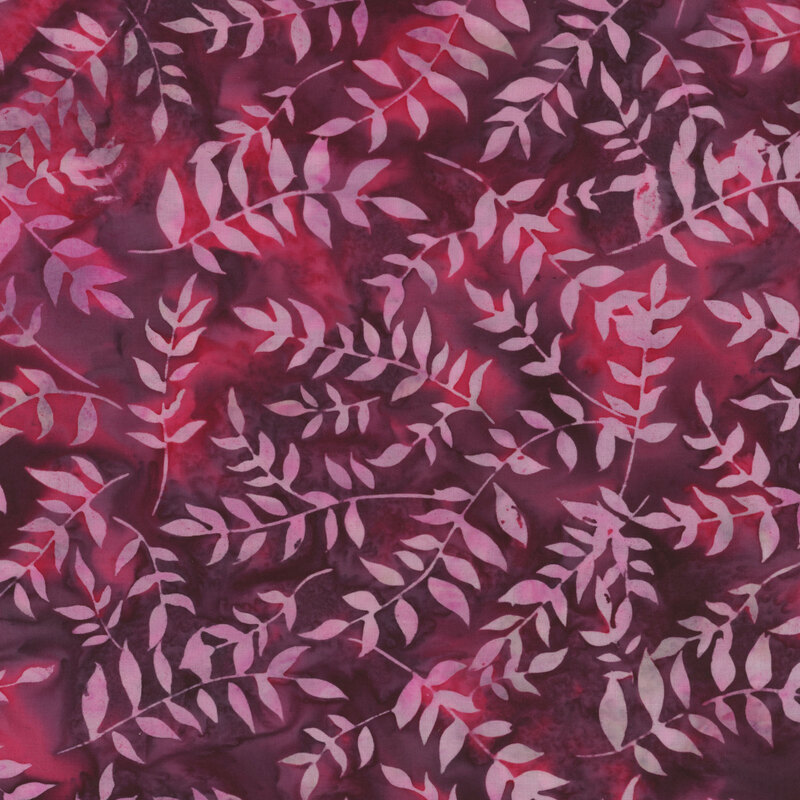 Scan of fabric featuring pink vines and leaves on a magenta and purple mottled background