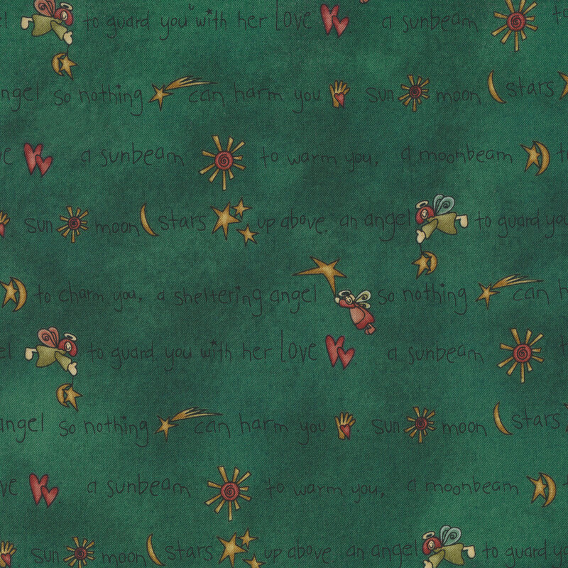 green fabric with angel motifs and prayers written in black on it