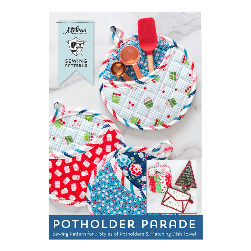 Front cover of Potholder Parade Sewing Pattern showing round pot holders with pockets