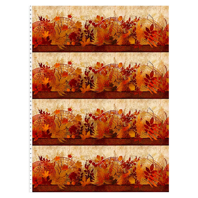 Image of fabric showing four repeats of autumn leaves in horizontal stripes