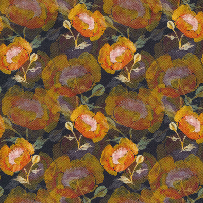 black fabric covered in orange poppies and leaves
