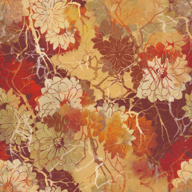 Beige fabric with red and maroon mottling, covered in beige and tan chrysanthemums flowers