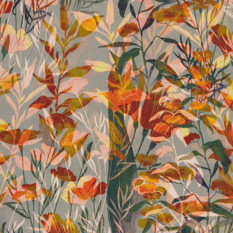 Light grey fabric covered in orange poppies and green leaves of varying opacity