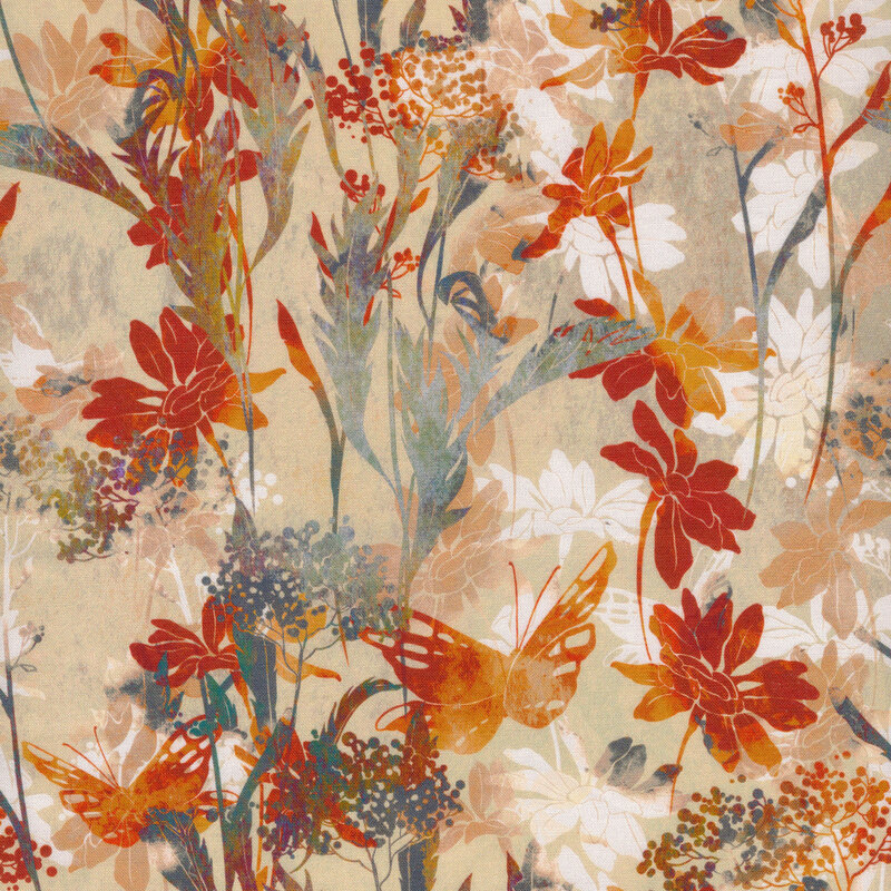 Light beige fabric covered in orange flowers and green leaves of varying opacity