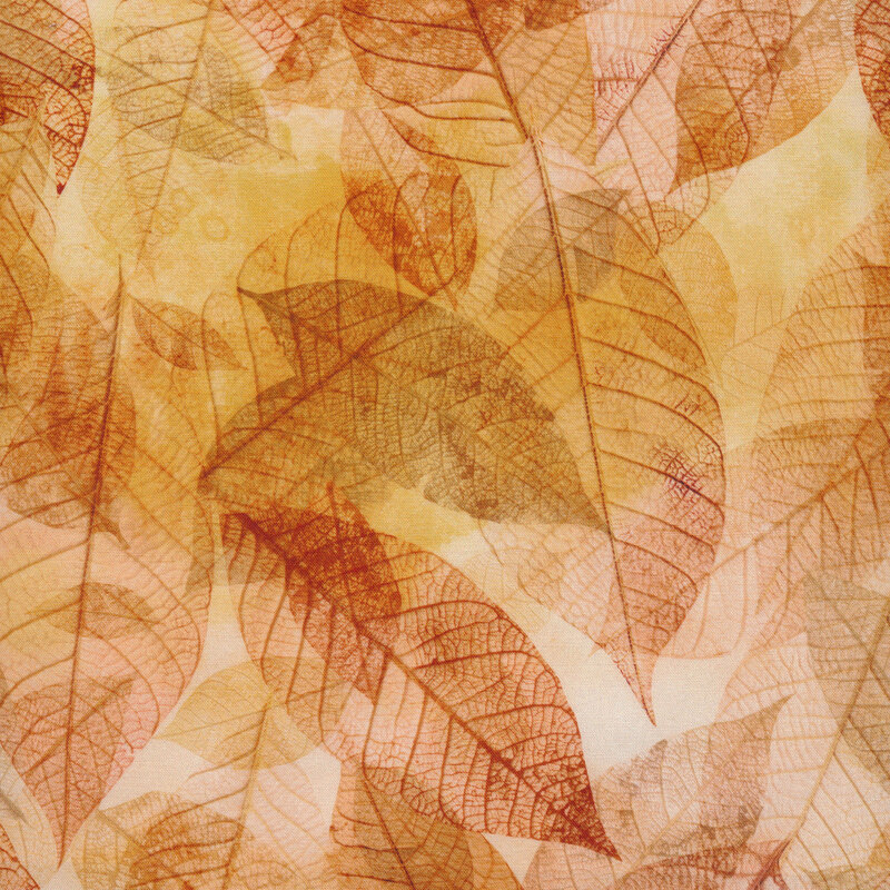 Fabric with overlaid tonal orange leaves