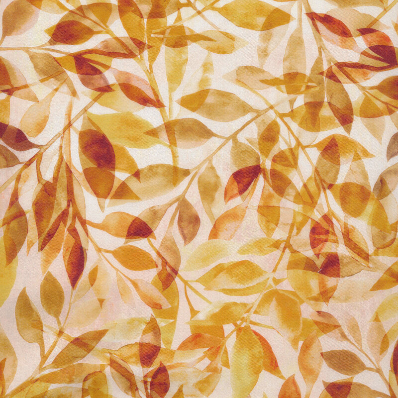 Fabric with orange leafy branch silhouettes in orange