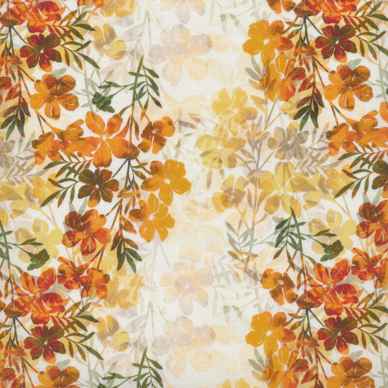 Light beige fabric covered in orange flowers and green leaves of varying opacity
