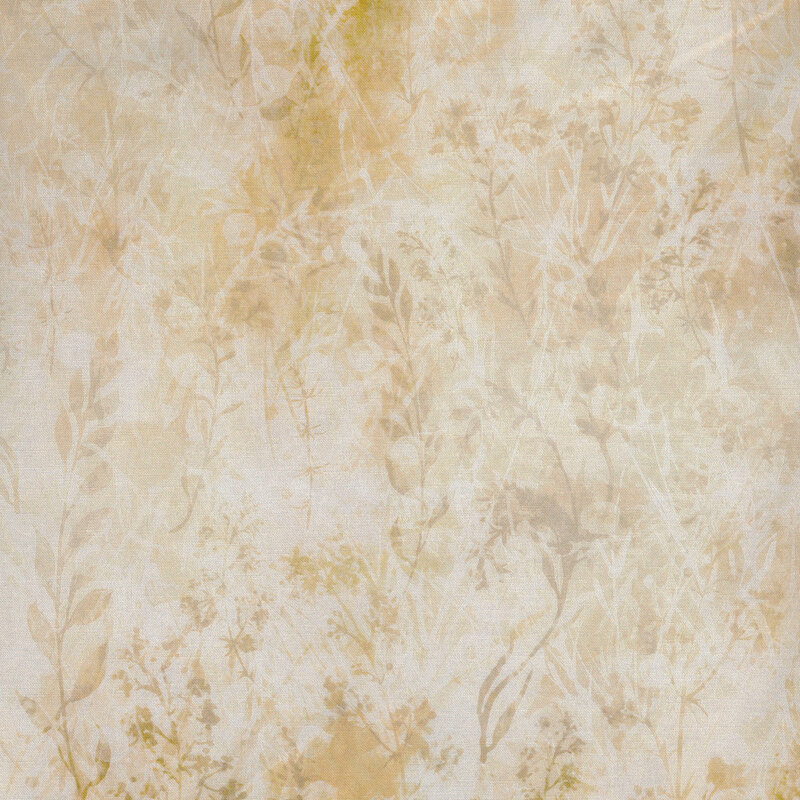 Fabric with overlaid weeds and leaves in tonal cream