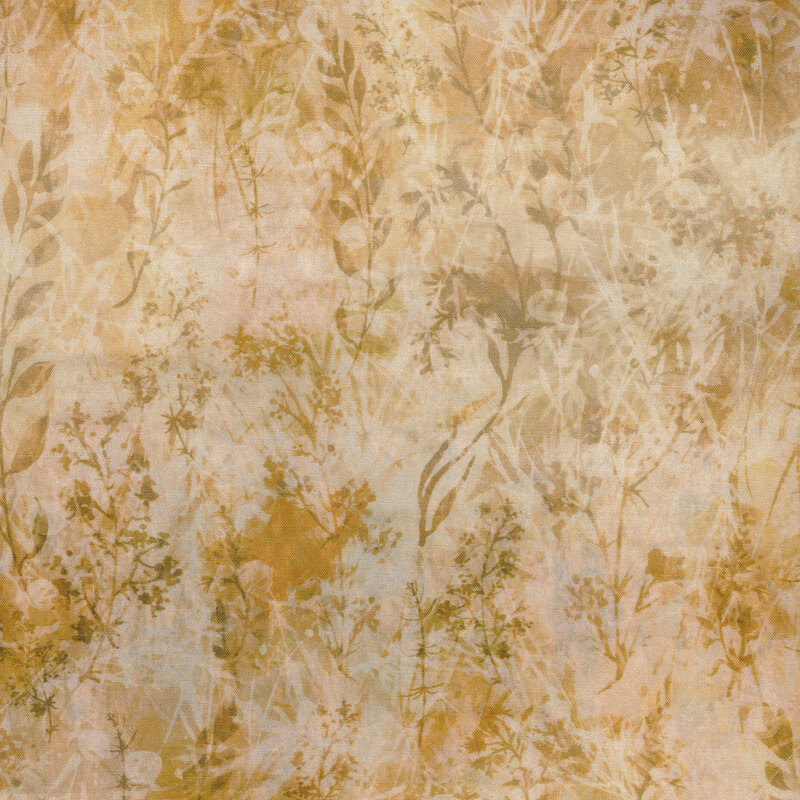 Fabric with overlaid weeds and leaves in tonal beige