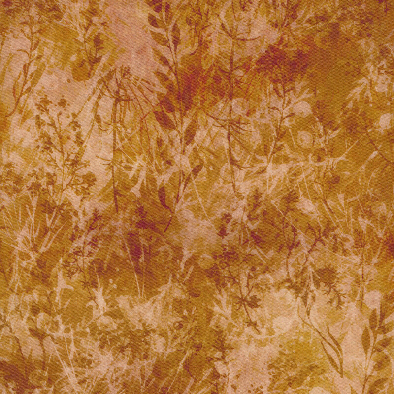Fabric with overlaid weeds and leaves in brownish orange