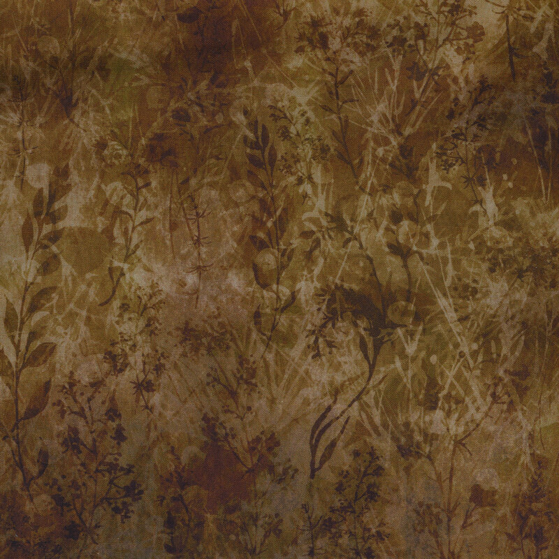 Fabric with overlaid weeds and leaves in brown