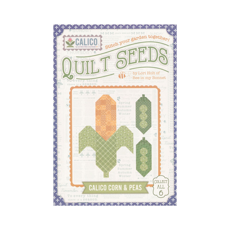 front of keepsake seed packet showing finished corn and peas block