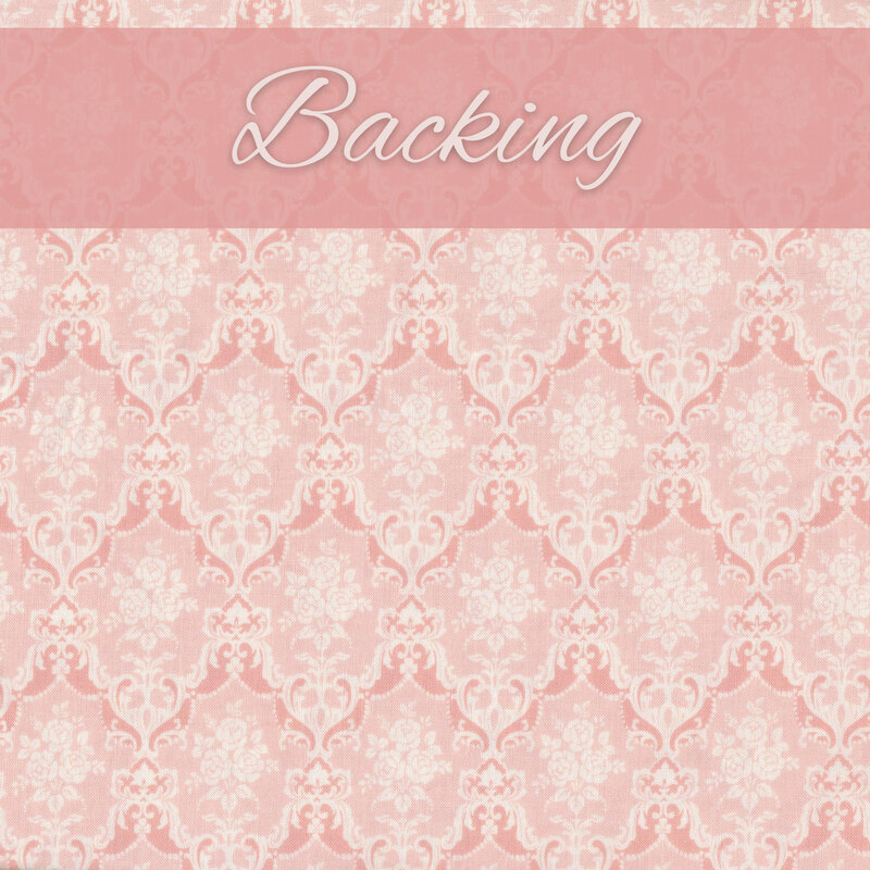 fabric featuring cream roses framed by cream victorian scrolls repeating on a light pink background with a pink banner at the top that reads 