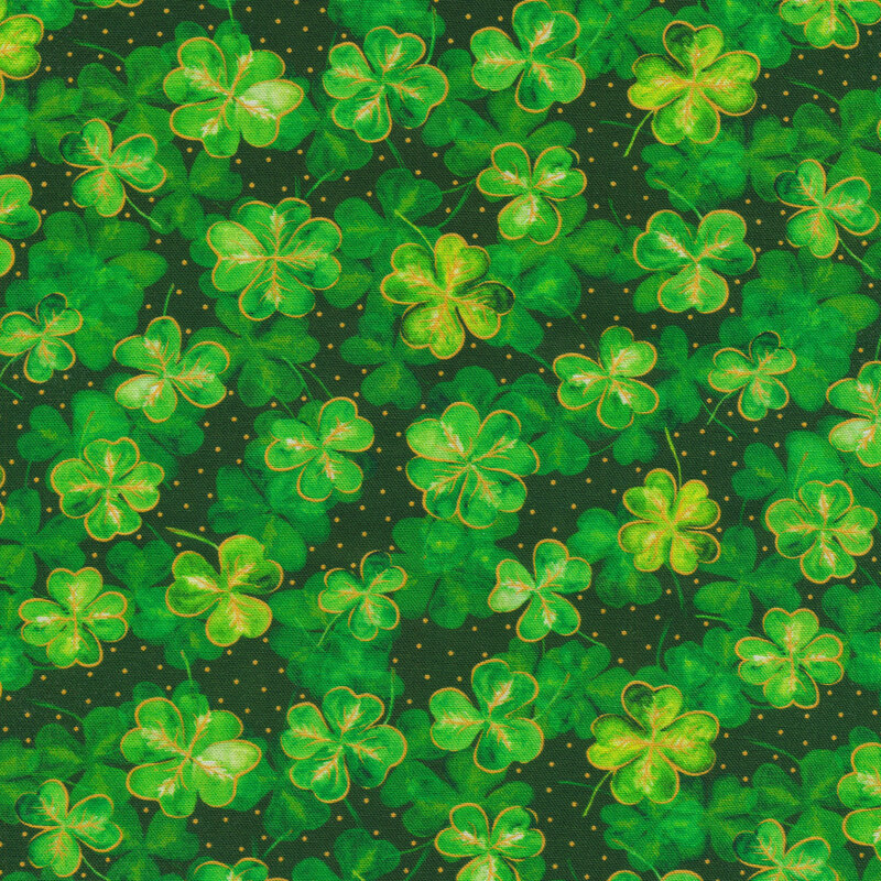 Packed shamrocks and clovers with gold dots on a green background