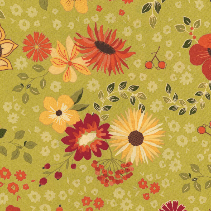 fabric featuring sunflowers with autumnal colored flowers, leaves and tossed berries on a sage green background
