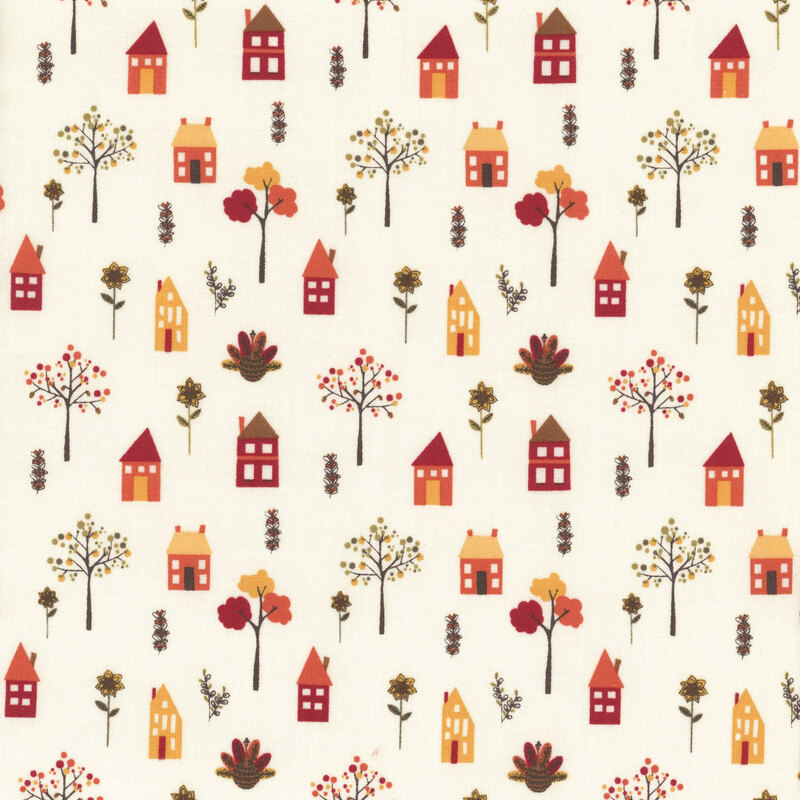 fabric featuring adorable autumnal houses with fall trees, turkeys and sunflowers on a lovely cream fabric