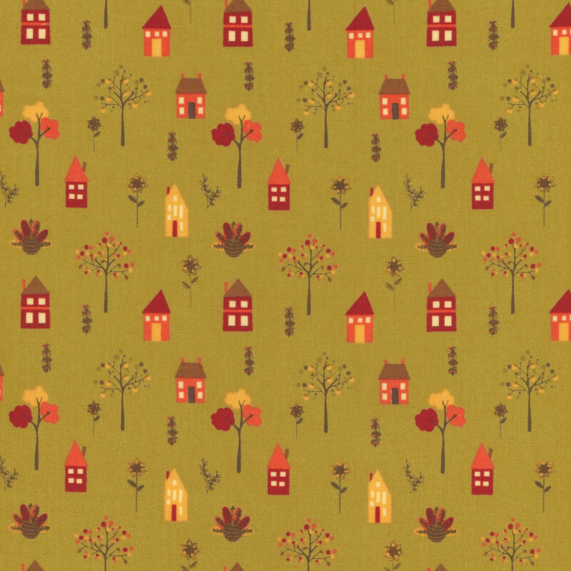 fabric featuring adorable autumnal houses with fall trees, turkeys and sunflowers on a lovely sage green fabric