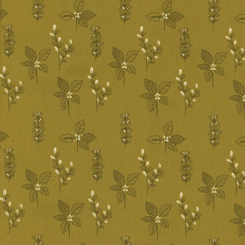 sage green fabric with drawn on leaves and small flowers