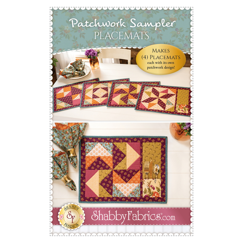 Front cover of pattern booklet showing a set of 4 finished placemats fanned out on a white table with matching cloth napkins
