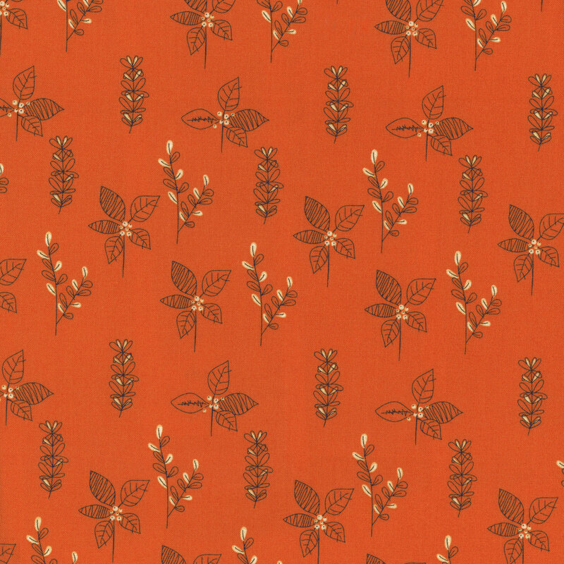 fabric featuring lovely orange fabric with drawn on leaves and small flowers