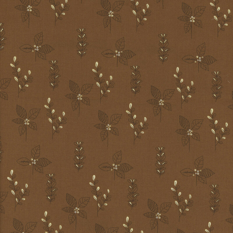 fabric featuring a rich brown with drawn on leaves and small flowers