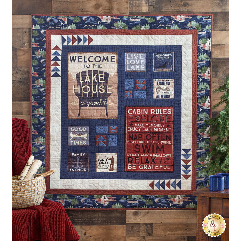 An image of a On Lake Time Quilt styled in a cabin.