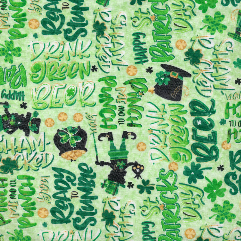 light green fabric with seasonal st patrick's day phrases and motifs on it