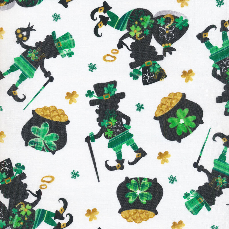 white fabric with the silhouettes of leprechauns, pots of gold, and shamrocks on it