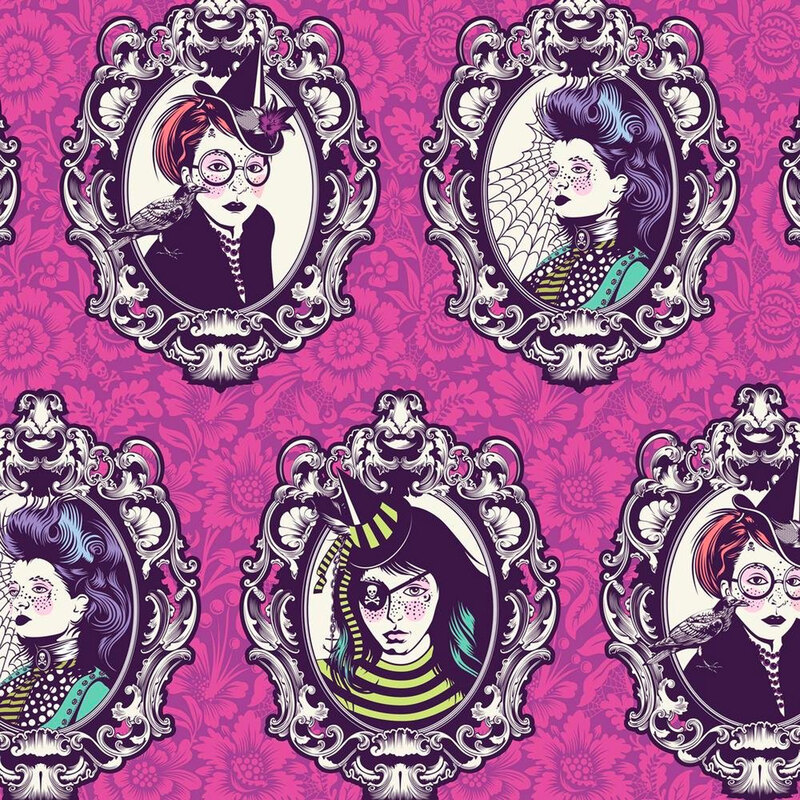 Bright pink and purple floral damask inspired fabric with portraits of modern witch-themed women in ornate frames.