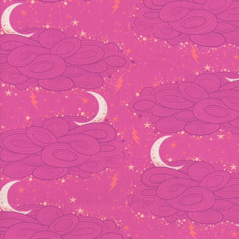 Pink fabric with tonal swirling clouds, white crescent moons, and subtle orange lightning bolts