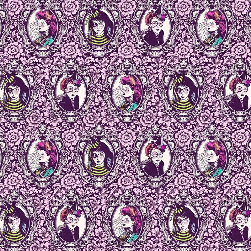 soft pink floral damask-inspired fabric with portraits of modern witch-themed women in ornate frames.