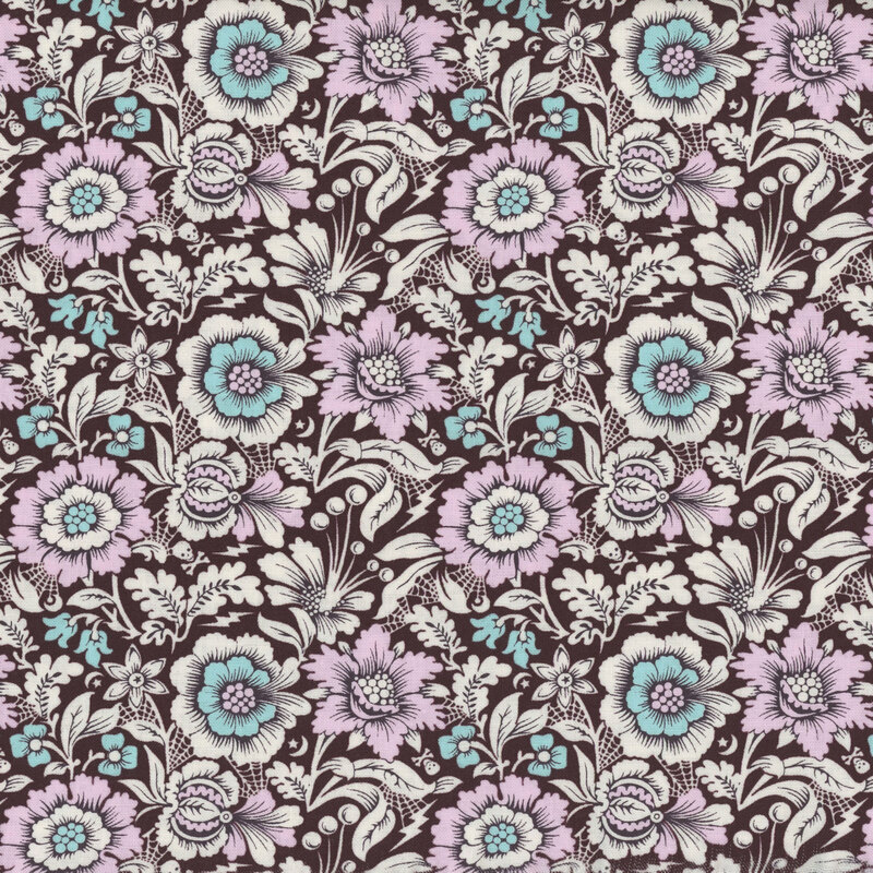 soft pink, blue, and cream floral damask-inspired fabric with a black background