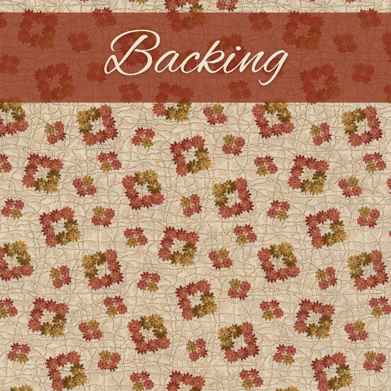 cream colored fabric with square shaped flower wreaths made up of brown and pink flowers on a cracked textured background with a red translucent banner at the top that reads 
