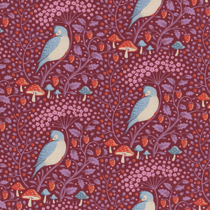 Dark magenta fabric with complementary pink and purple branches, red berries, and mushrooms, all highlighting a sleeping bird