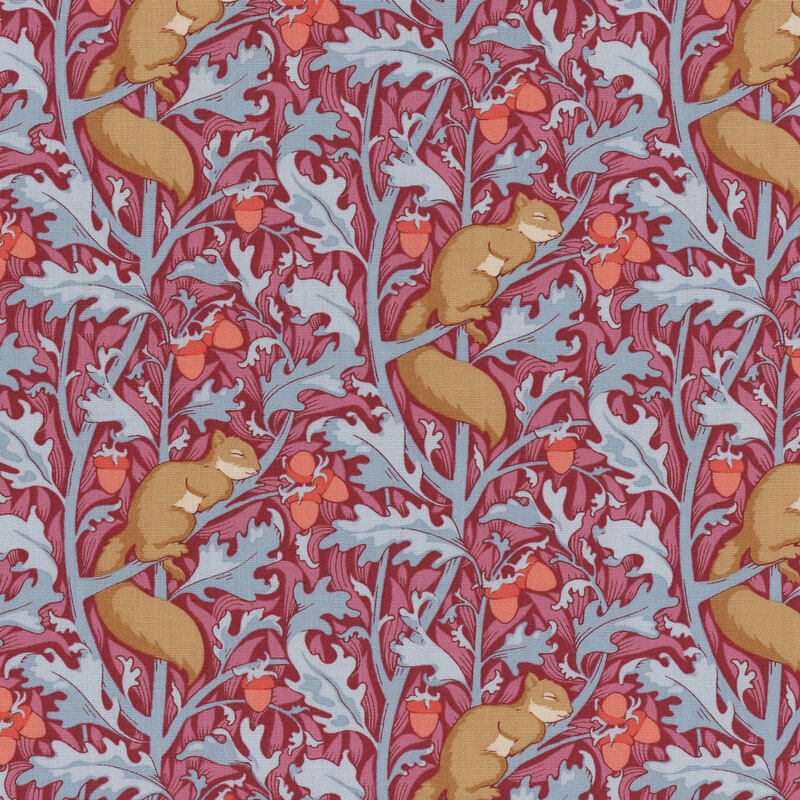 Dark magenta fabric with complementary blue  and pink branches and red acorns, all highlighting a sleeping squirrel