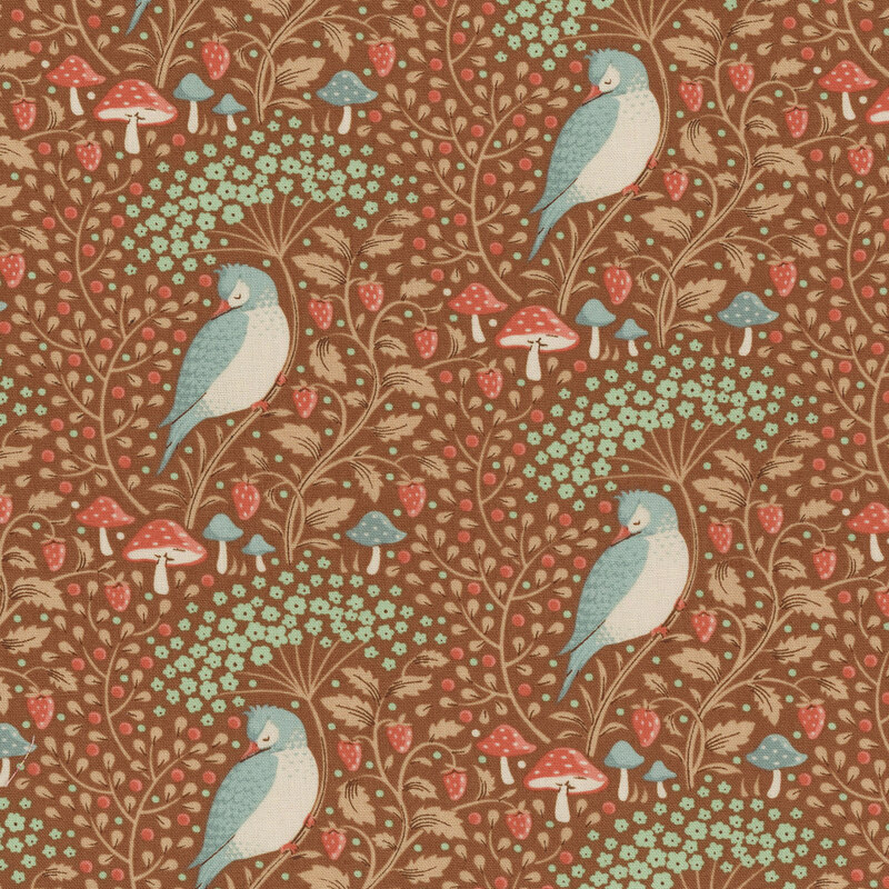Dark brown fabric with complementary tan , red berries, and mushrooms, all highlighting a sleeping bird