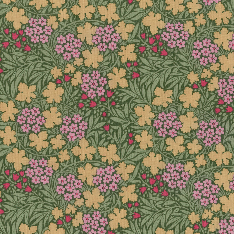Green fabric with mint colored and tan leaves sprawled across it, accented by pink flowers