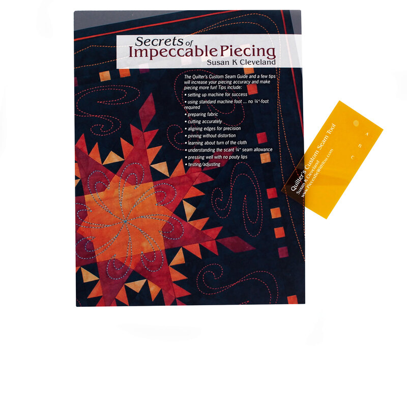 Front of booklet for secrets of impeccable piecing by susan cleveland, detailing products specifications and and example pieced quilt pattern as well as the included seam tool