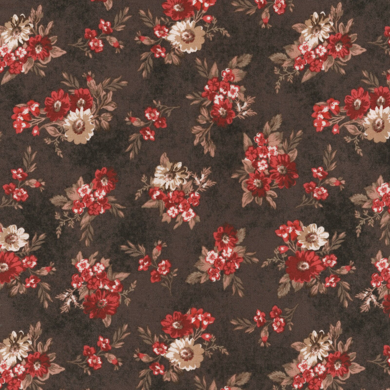 fabric with clusters of red and white flowers on a deep brown background