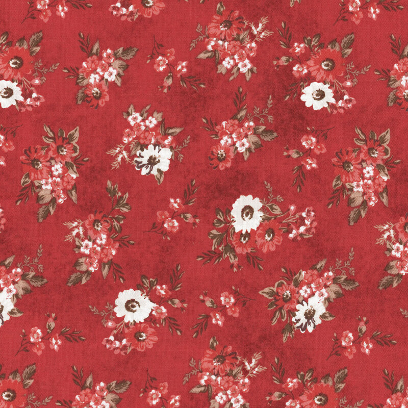 fabric with red and cream flower clusters on a mottled red background