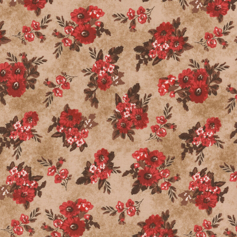 fabric with red and cream flower clusters on a mottled tan background