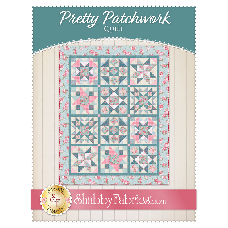 front cover of quilt pattern, with the Pretty Patchwork Quilt title at the top, patchwork quilt in aqua and pink florals in the center, and Shabby Fabrics logo at the bottom