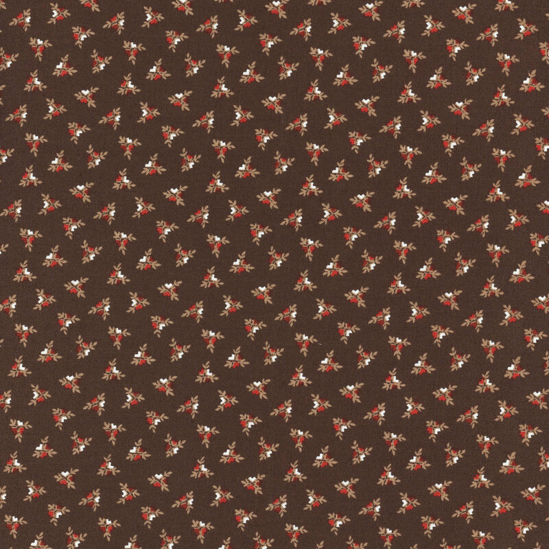 fabric with tossed ditsy pink and white flower clusters on a dark brown background